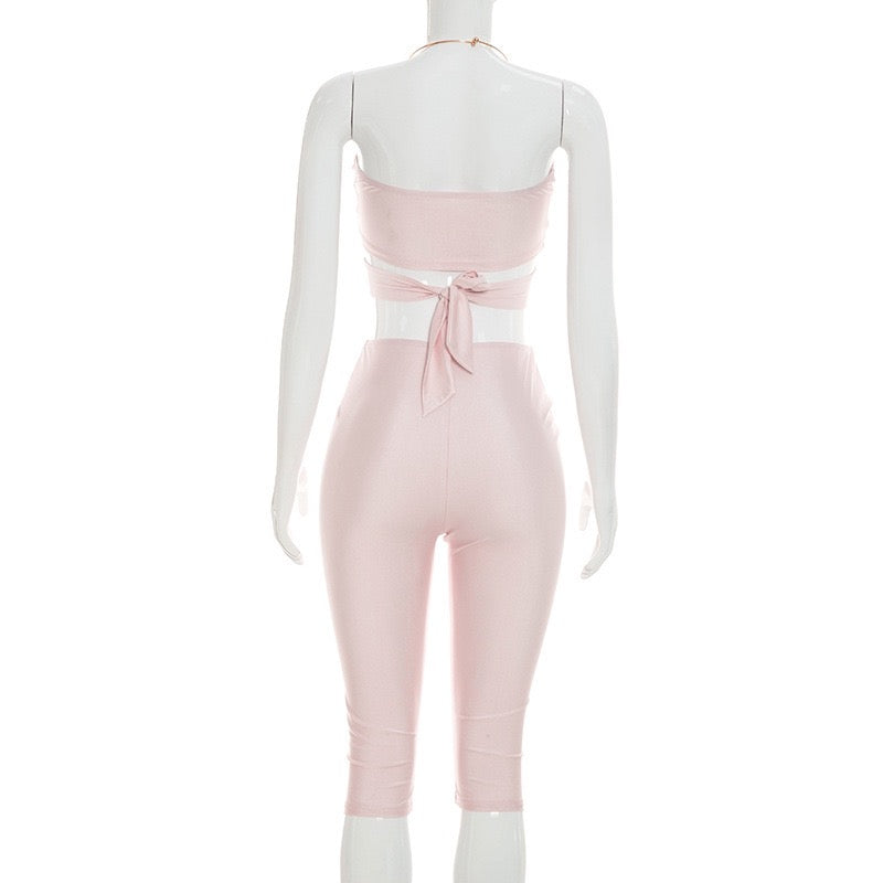 Sexy Solid Two Piece Sets Sleeveless Hollow Halter Crop Top Skinny Pants Fashion Streetwear Outfits