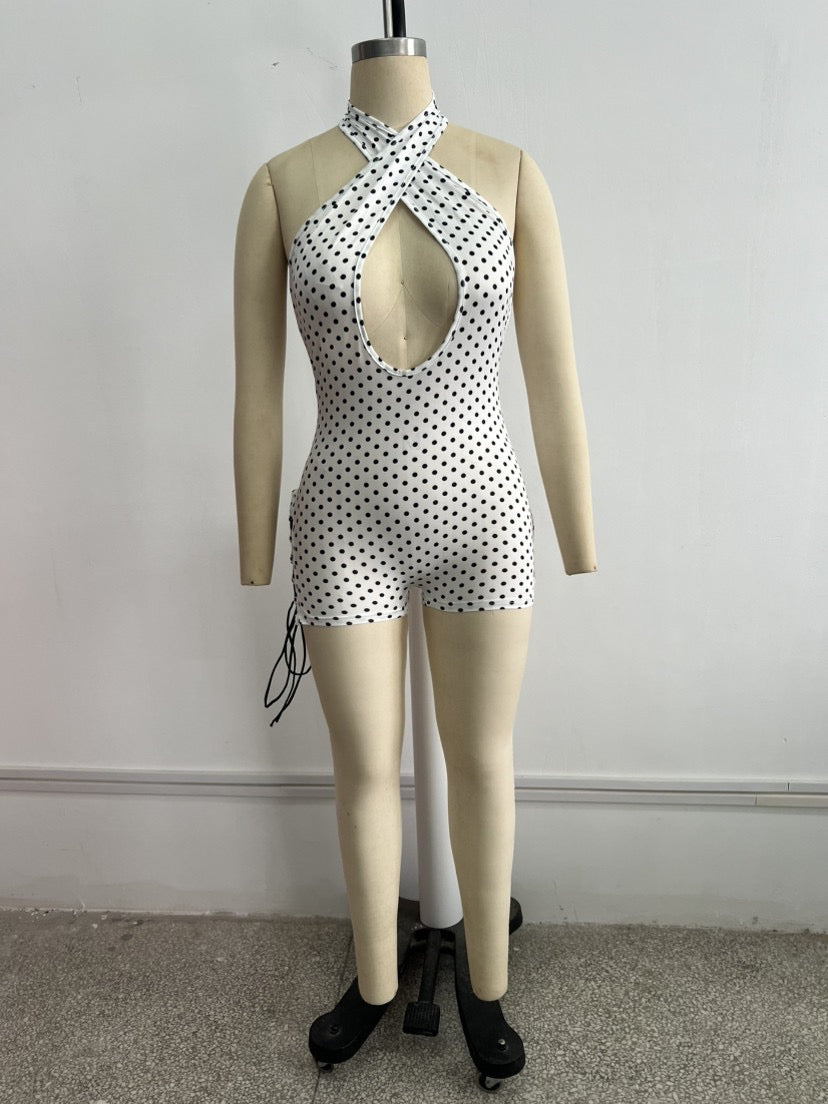 Sexy Polka Dot Cross Halter Romper Women Summer Cut Out Lace up Bodycon Jumpsuit Clubwear Backless