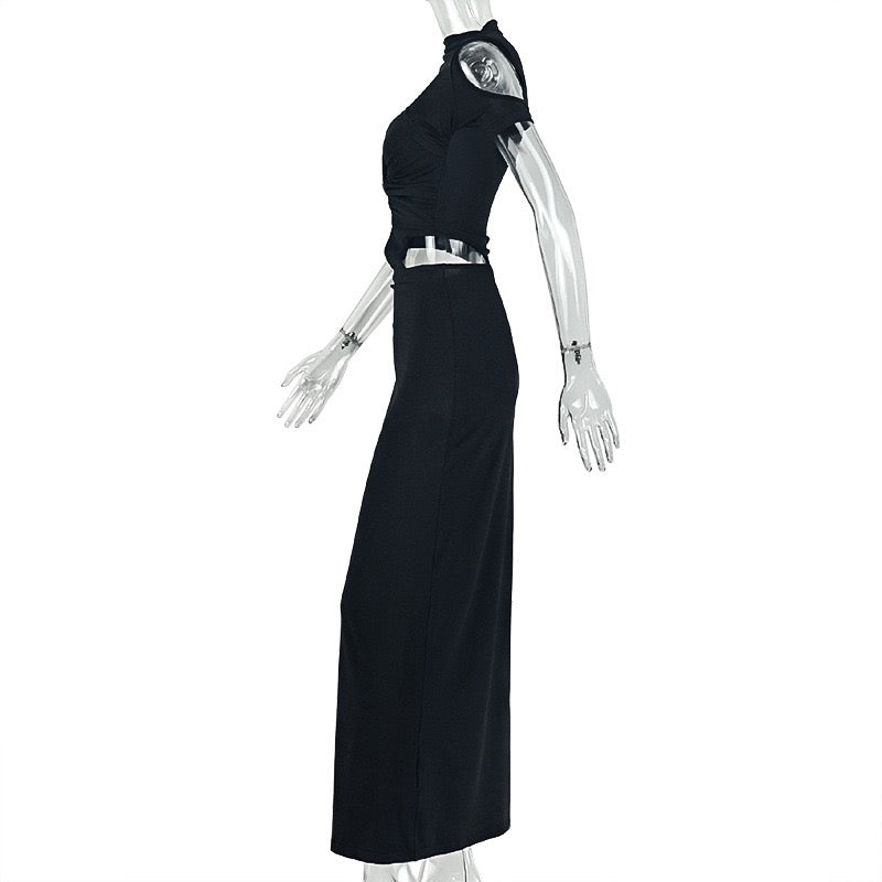 Stripped design, irregular-shaped skirt, high collar, sleeveless long new dress
