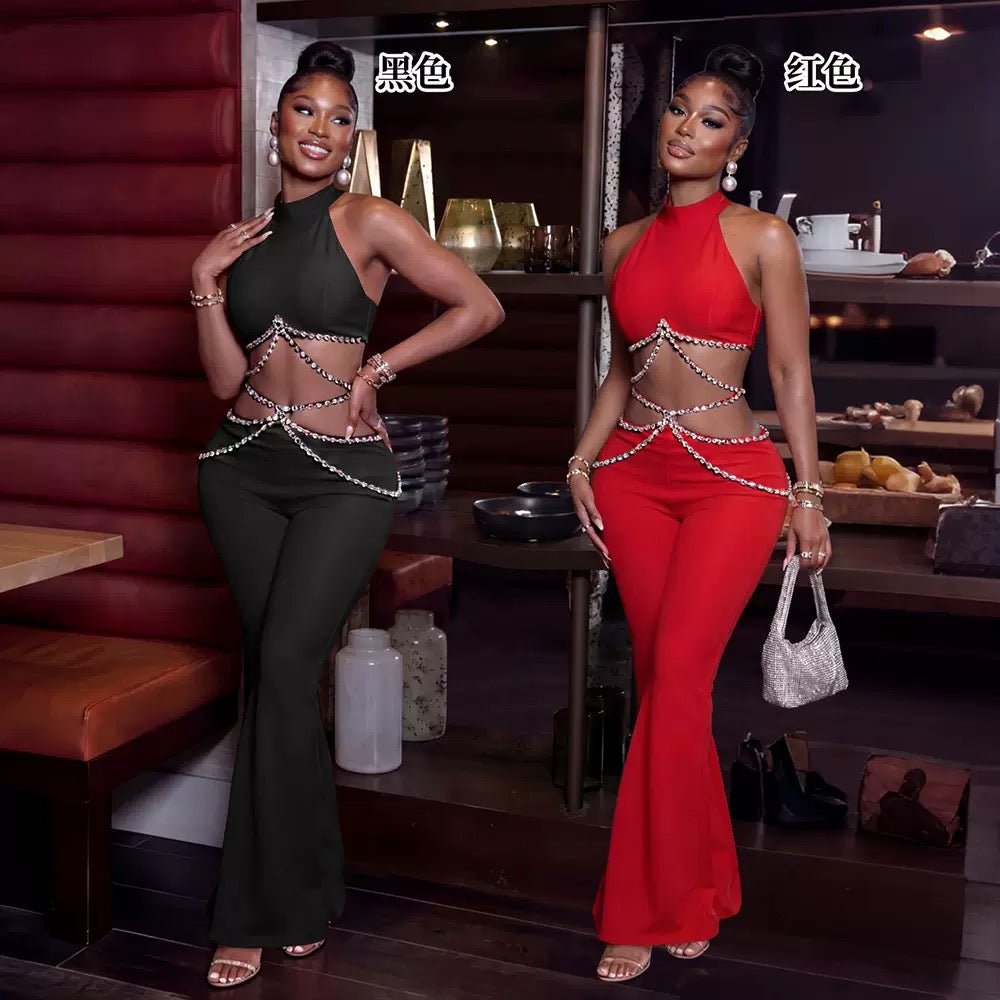 Women Rhinestone Sexy Cut Out Two Piece Pants Bandage Set 2026 Celebrity Fashion Women Stage Outfit