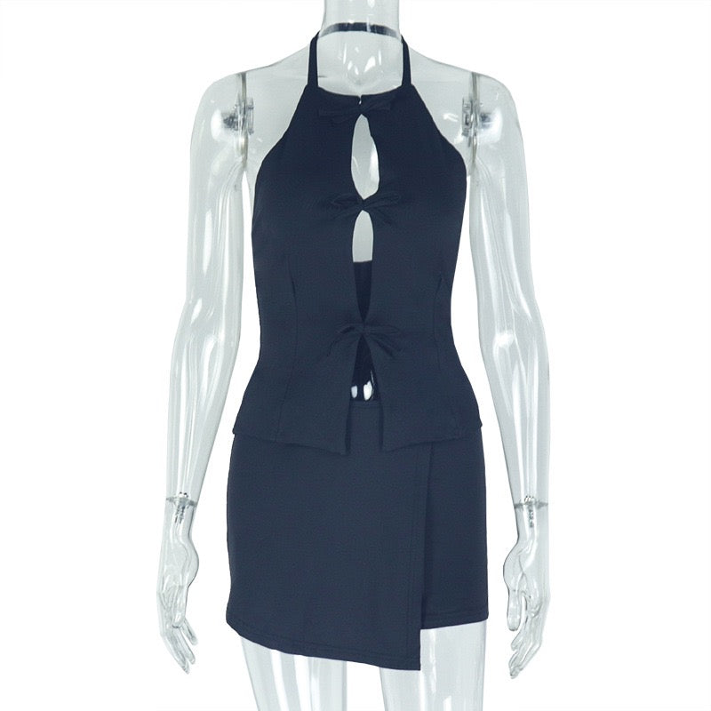 Summer A-line sheer half-length party dress set (two pieces)