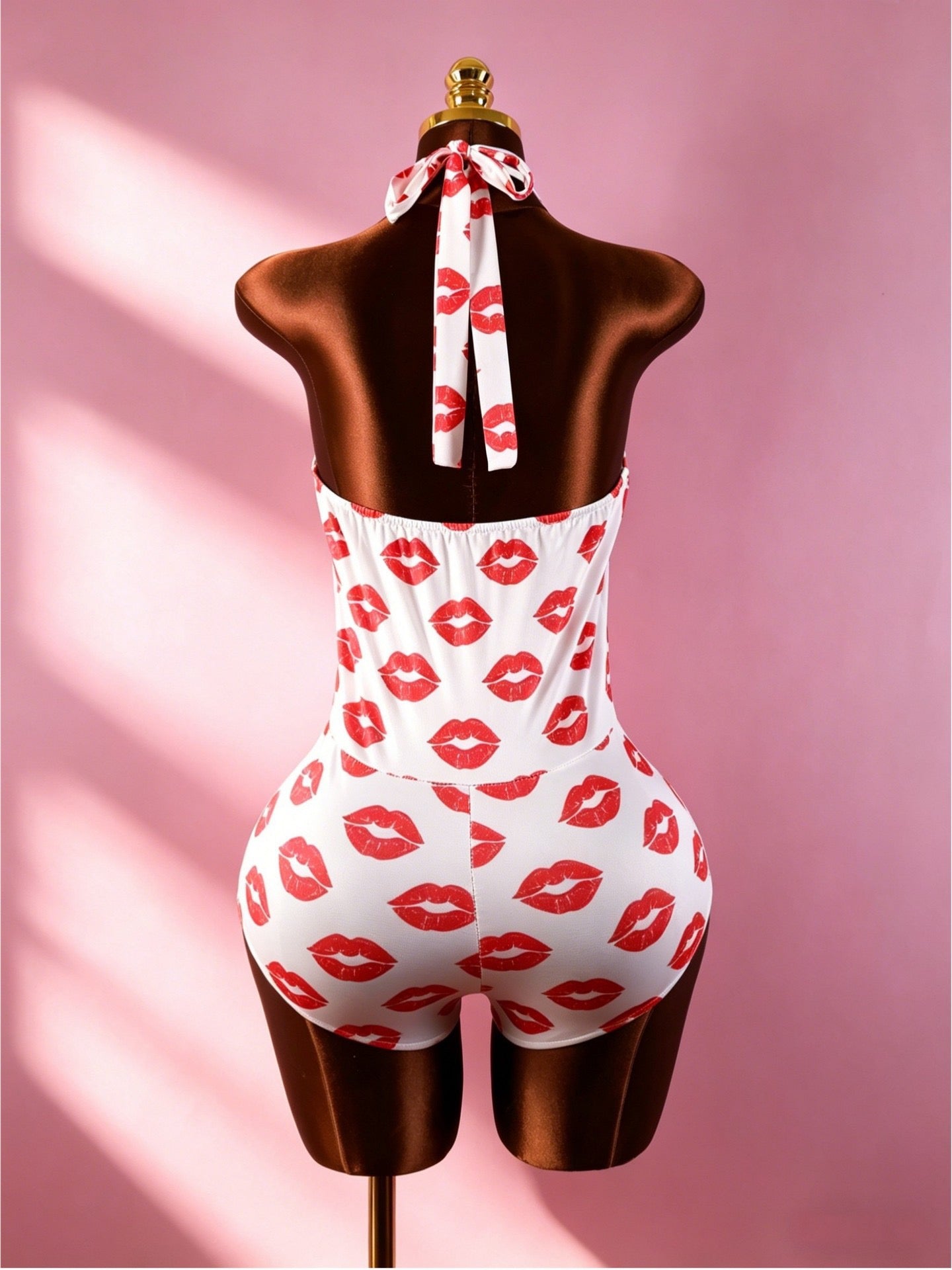 Fashion Lip Print Bodycon Rompers 2026 Sexy Deep V Bandage Halter Backless Club Jumpsuits