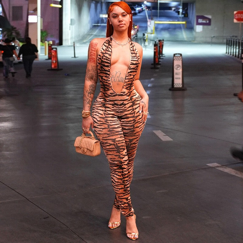 Women Halter Deep V Neck Sleeveless 2026 Sexy Trend Tiger Print Skinny Backless Jumpsuit