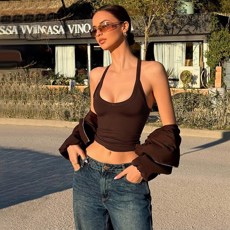 Solid-color sexy backless women's top T-shirt for daily wear