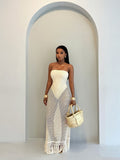 Solid Color Hollow Out Knitted Patchwork Women's Tassel Hem Dress Slim Sexy Beach Vacation Wears Strapless Fitting
Maxi Dresses
