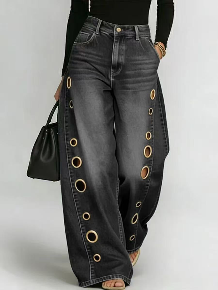 Women's Washed Blue High-Waist Metal Grommet Wide Leg Jeans 2026 Casual Loose Fit Streetwear Pants