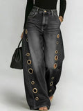 Women's Washed Blue High-Waist Metal Grommet Wide Leg Jeans 2026 Casual Loose Fit Streetwear Pants