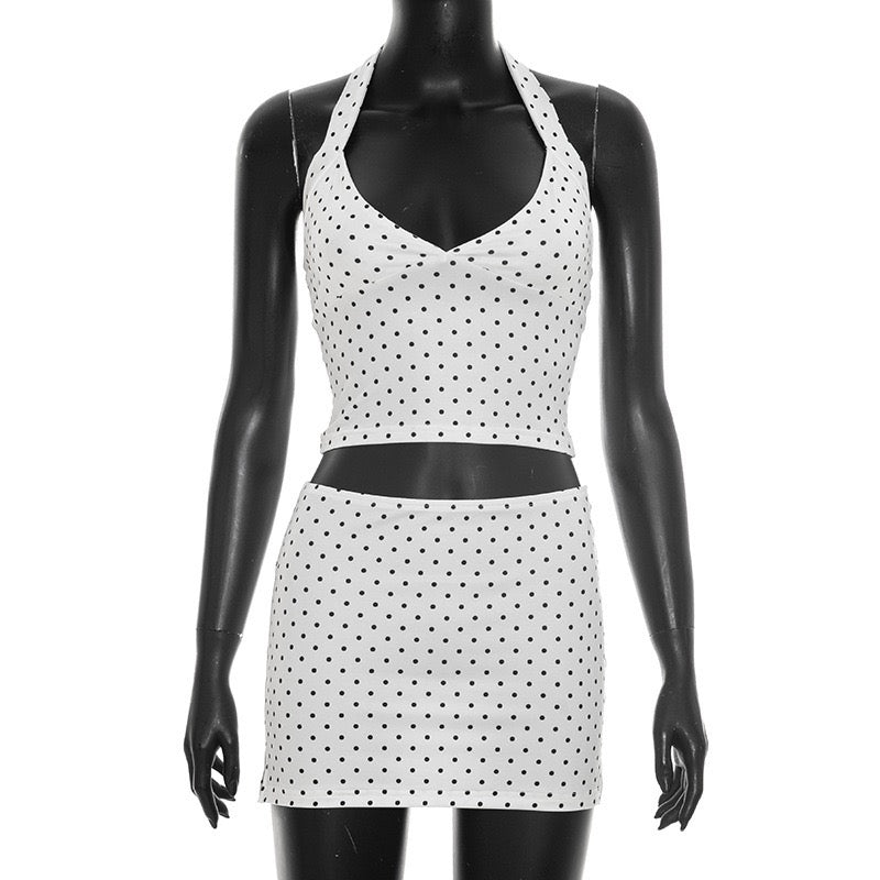 Polka Dots Two Piece Women Halter Sleeveless Top
Spilt Mini Skirt Set Lady Fashion Sexy Set
