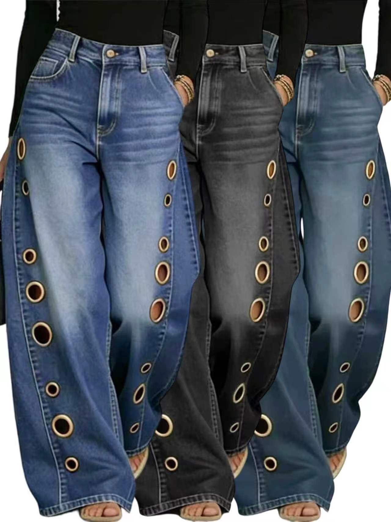 Women's Washed Blue High-Waist Metal Grommet Wide Leg Jeans 2026 Casual Loose Fit Streetwear Pants