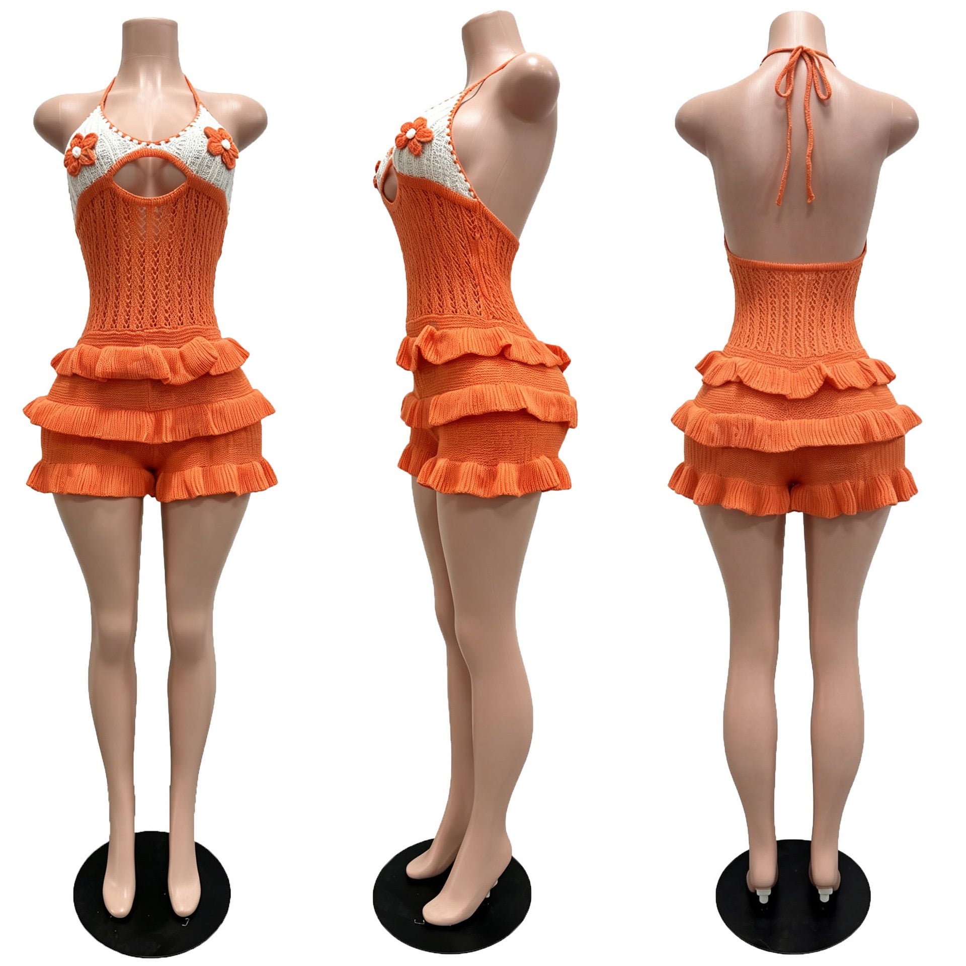Knitted Crochet Ruffle Halter Tie up Hollow Out Rompers Women Sexy Backless V-neck Sleeveless Skinny Beachwear
Playsuit