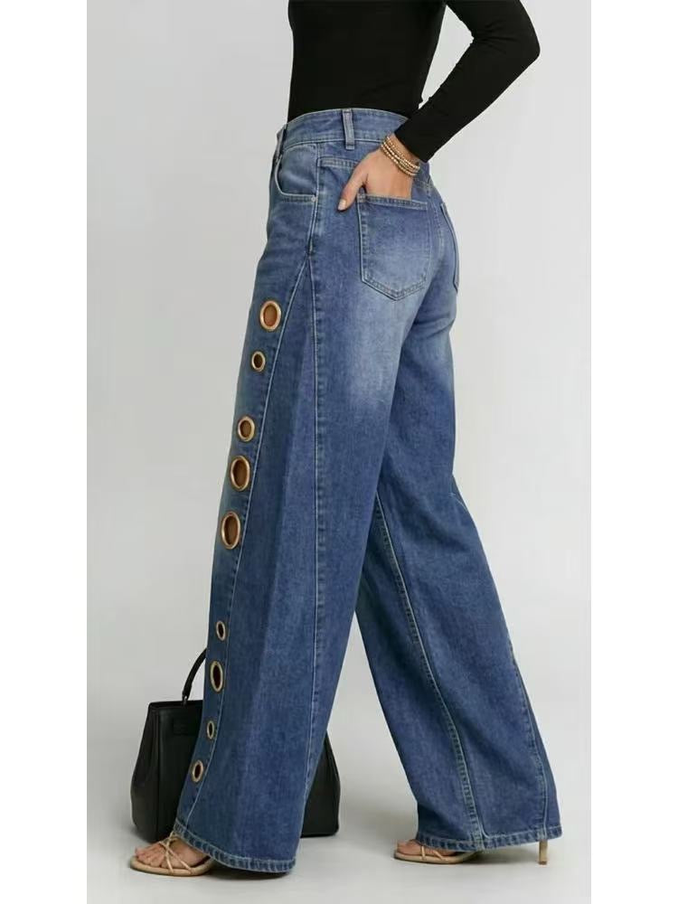 Women's Washed Blue High-Waist Metal Grommet Wide Leg Jeans 2026 Casual Loose Fit Streetwear Pants