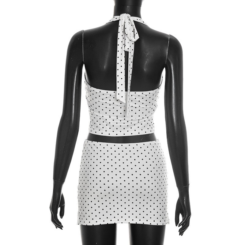 Polka Dots Two Piece Women Halter Sleeveless Top
Spilt Mini Skirt Set Lady Fashion Sexy Set