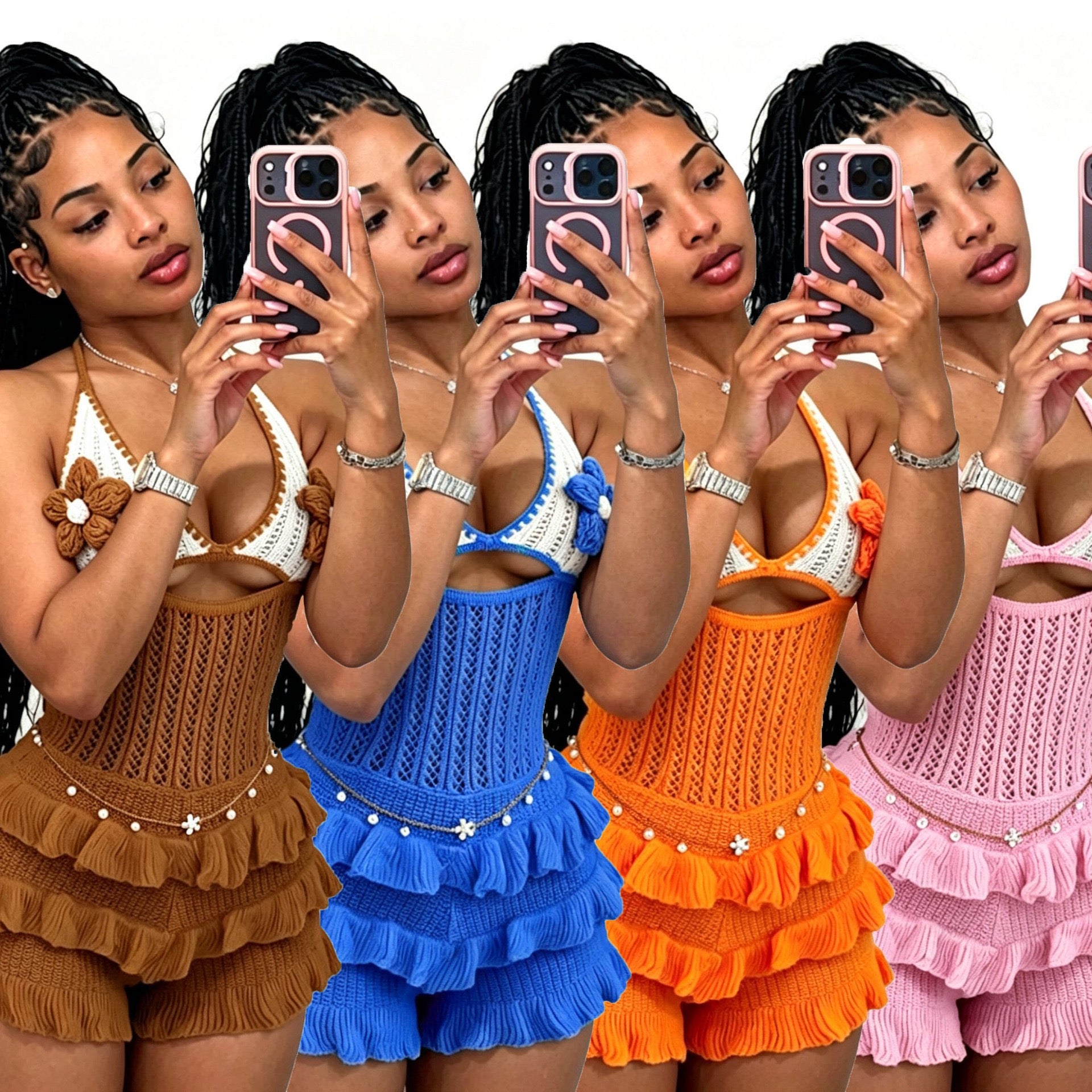 Knitted Crochet Ruffle Halter Tie up Hollow Out Rompers Women Sexy Backless V-neck Sleeveless Skinny Beachwear
Playsuit