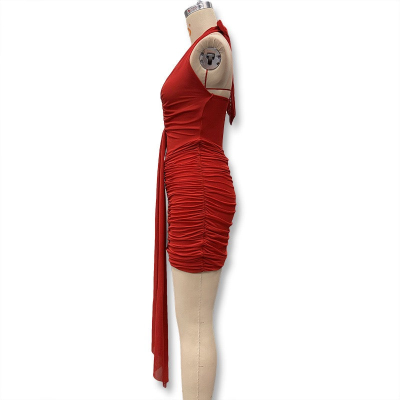 Soild Halter Pleated Ribbon Dress Women Mini 2026 Summer Dress Deep V Backless Sexy Party Dresses