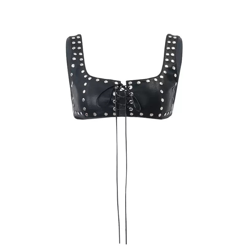 Sexy PU Leather Rivets Hollow Two Piece Sets Women Spaghetti Strap Bandage Crop Top and Mini Skirts Outfits