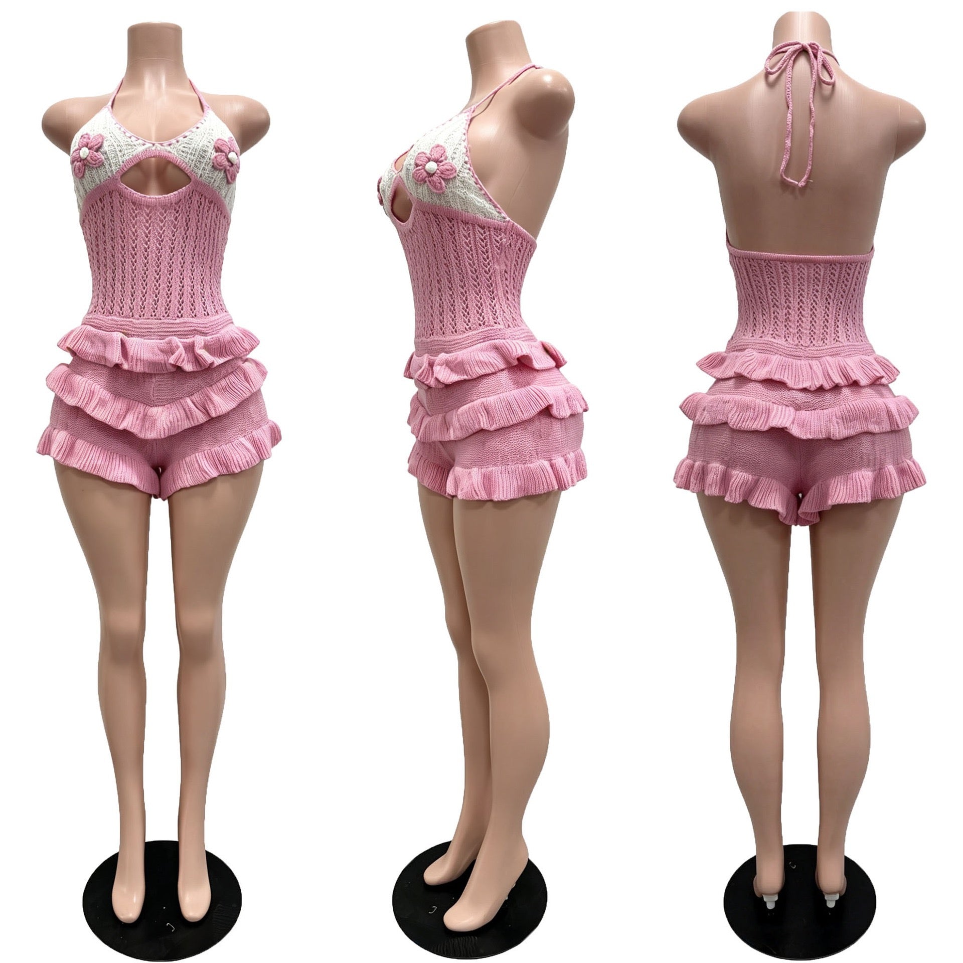 Knitted Crochet Ruffle Halter Tie up Hollow Out Rompers Women Sexy Backless V-neck Sleeveless Skinny Beachwear
Playsuit