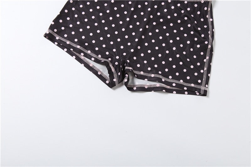 Letter Polka Dot Print 2 Piece Outfit Half Zip Crop Top and Biker Shorts Set 2026 Summer Women Streetwear Outfit
