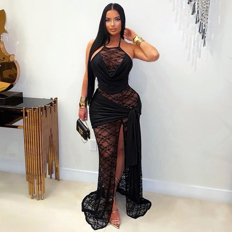 Women Halter Ribbon Spilt Sexy Midnight Party Summer Patchwork Jacquard Dress