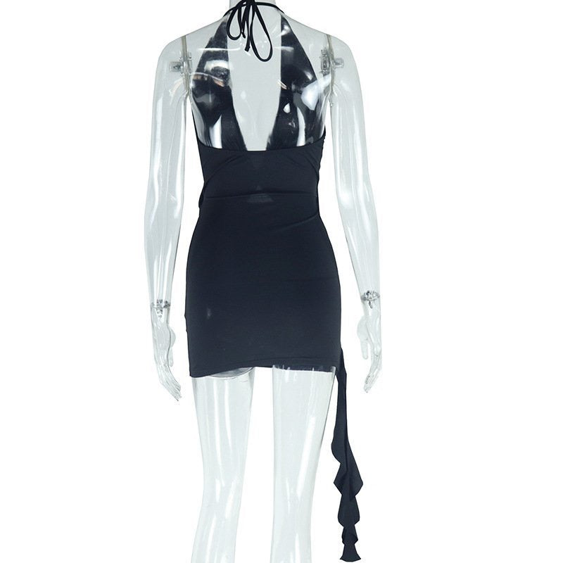 Women's deep V-neck sexy halter top solid-color dress with pleats, street style, unique short hip-hugging