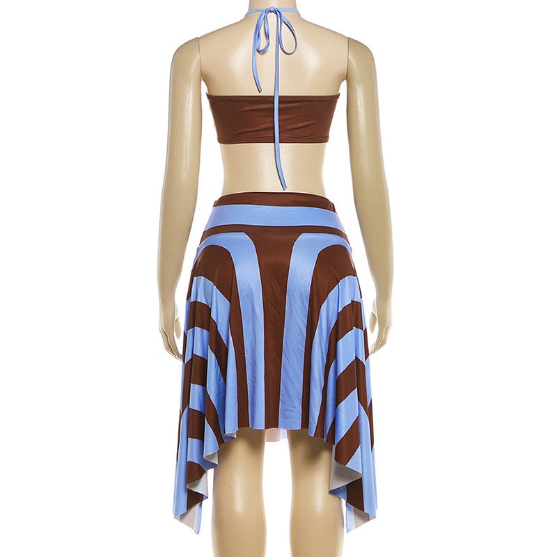 Women Halter Rope Wrap Chest Tops Stripe Patchwork Mid Skirts Summer Holiday Sexy 3 Piece Set