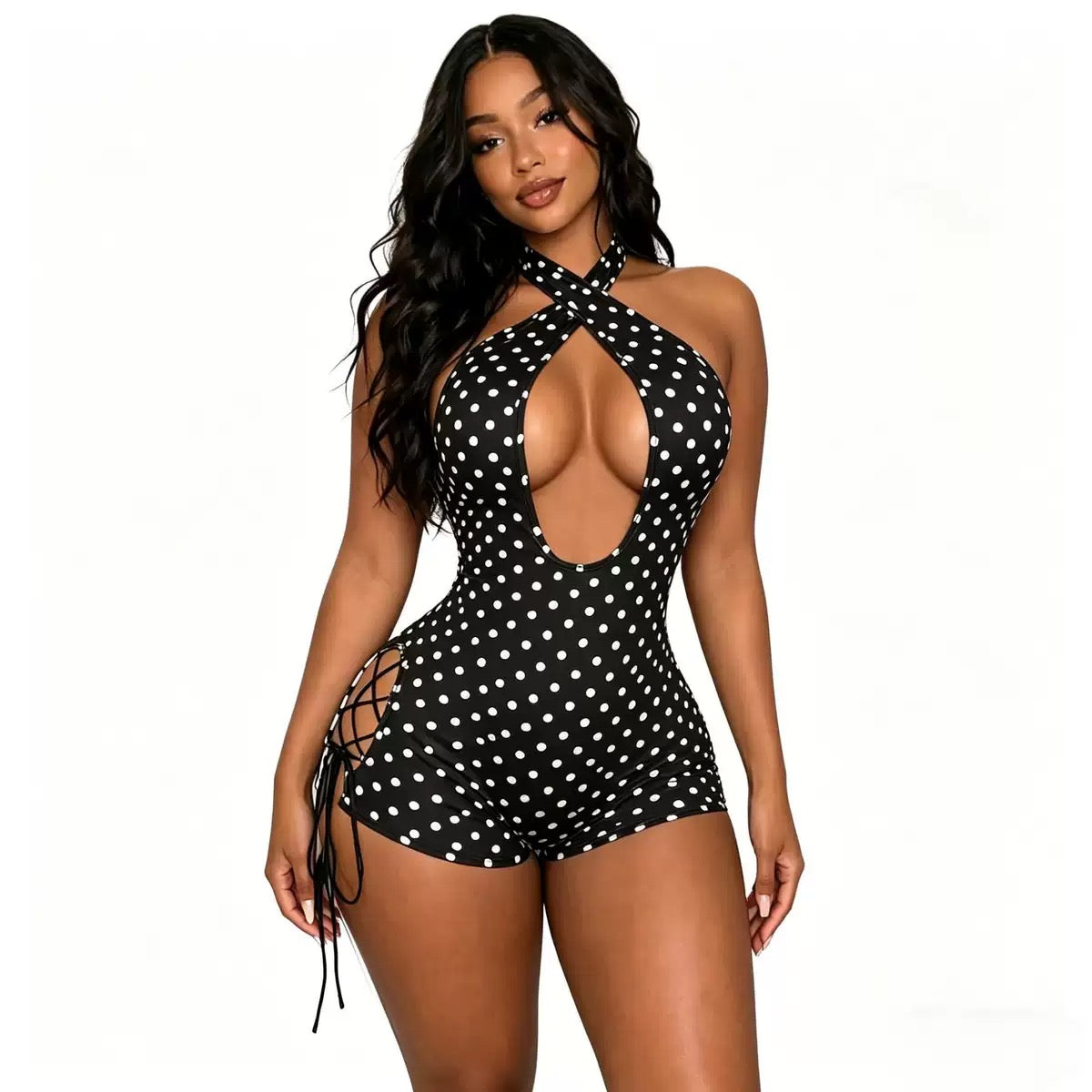 Sexy Polka Dot Cross Halter Romper Women Summer Cut Out Lace up Bodycon Jumpsuit Clubwear Backless