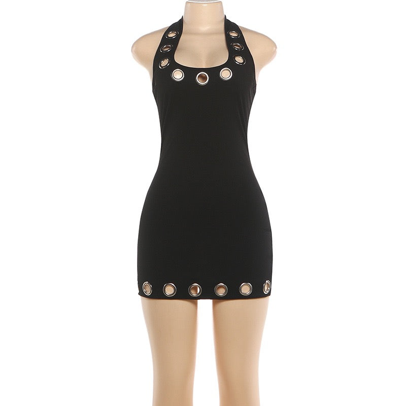 Metal Ring Hollow Decoration Dress Woman Halter Low-Neck Backless Skinny Peach Hip Midnight Sexy Fashion Mini
Bodycon Dress