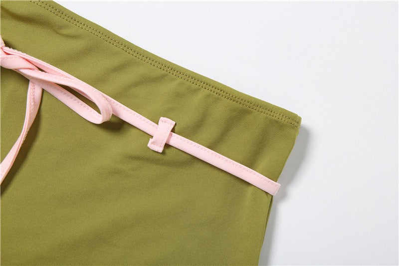Women Color Blocking Low-Neck Backless Skinny Camisole Bandage Tassel Skirt Sweet Summer 2-Piece Set
