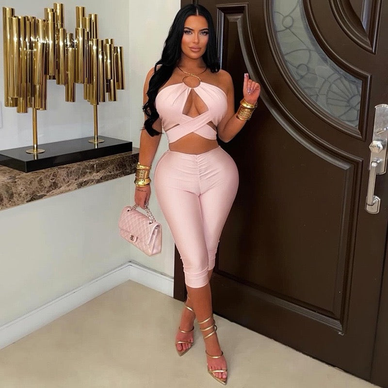 Sexy Solid Two Piece Sets Sleeveless Hollow Halter Crop Top Skinny Pants Fashion Streetwear Outfits