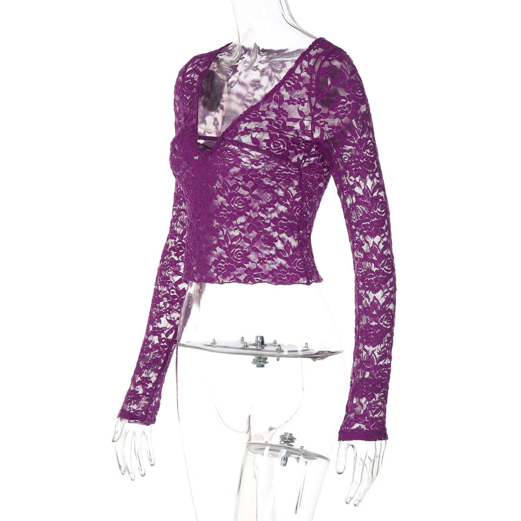 Sexy Deep V-neck Lace T-shirt 2026 Women Long Sleeve See-through Slim Tops Ladies Party Night Club T Shirts