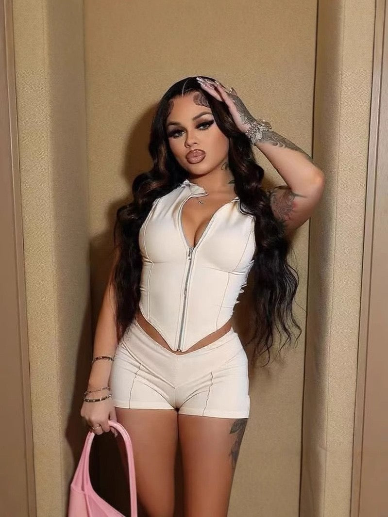Solid-color tight tank top and short pants set