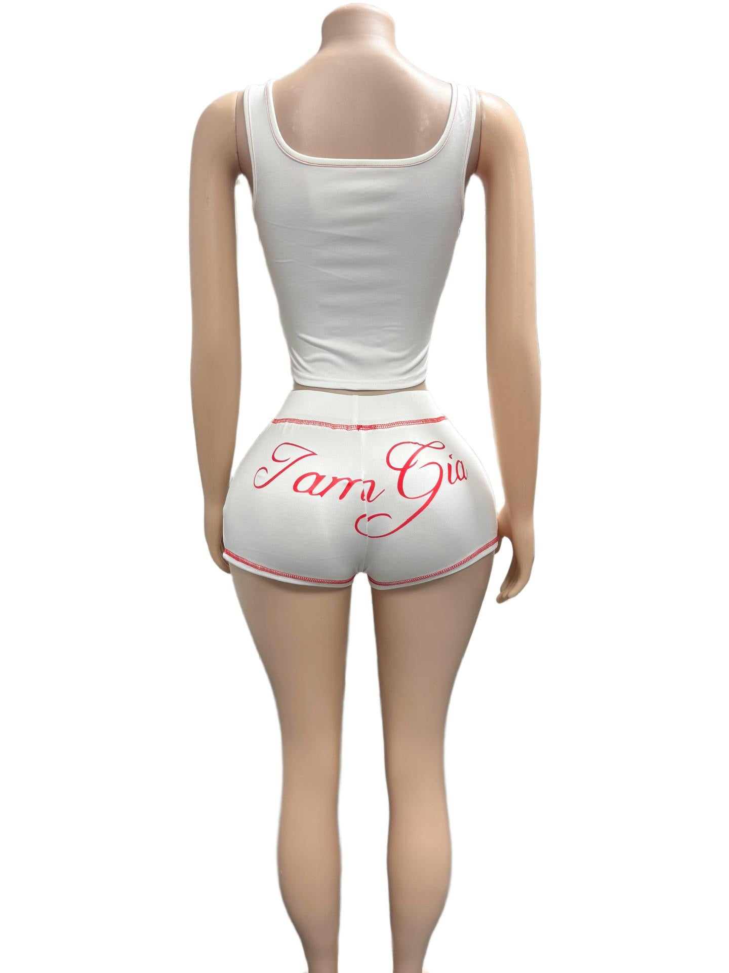 Black printed fitted round-neck tank top and short pants two-piece fashionable set for women