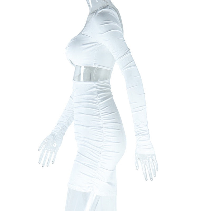 Women's backless sexy pleated street dress with pure color long sleeves, V-neck, and fitted full-skirted design