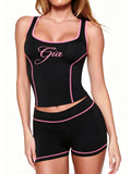 Black printed fitted round-neck tank top and short pants two-piece fashionable set for women