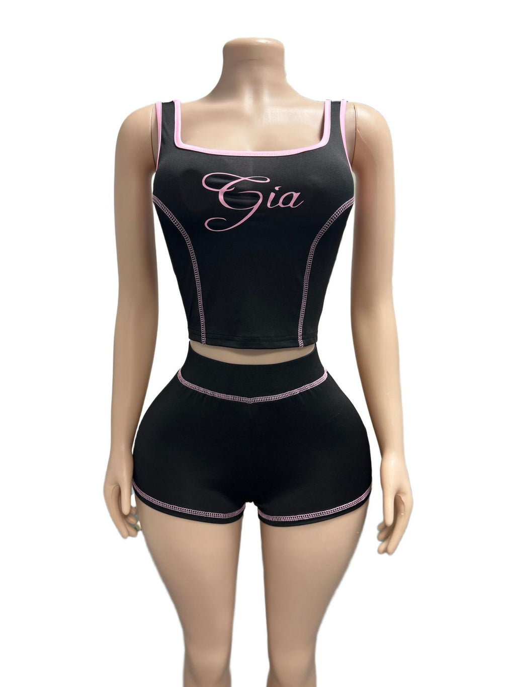 Black printed fitted round-neck tank top and short pants two-piece fashionable set for women