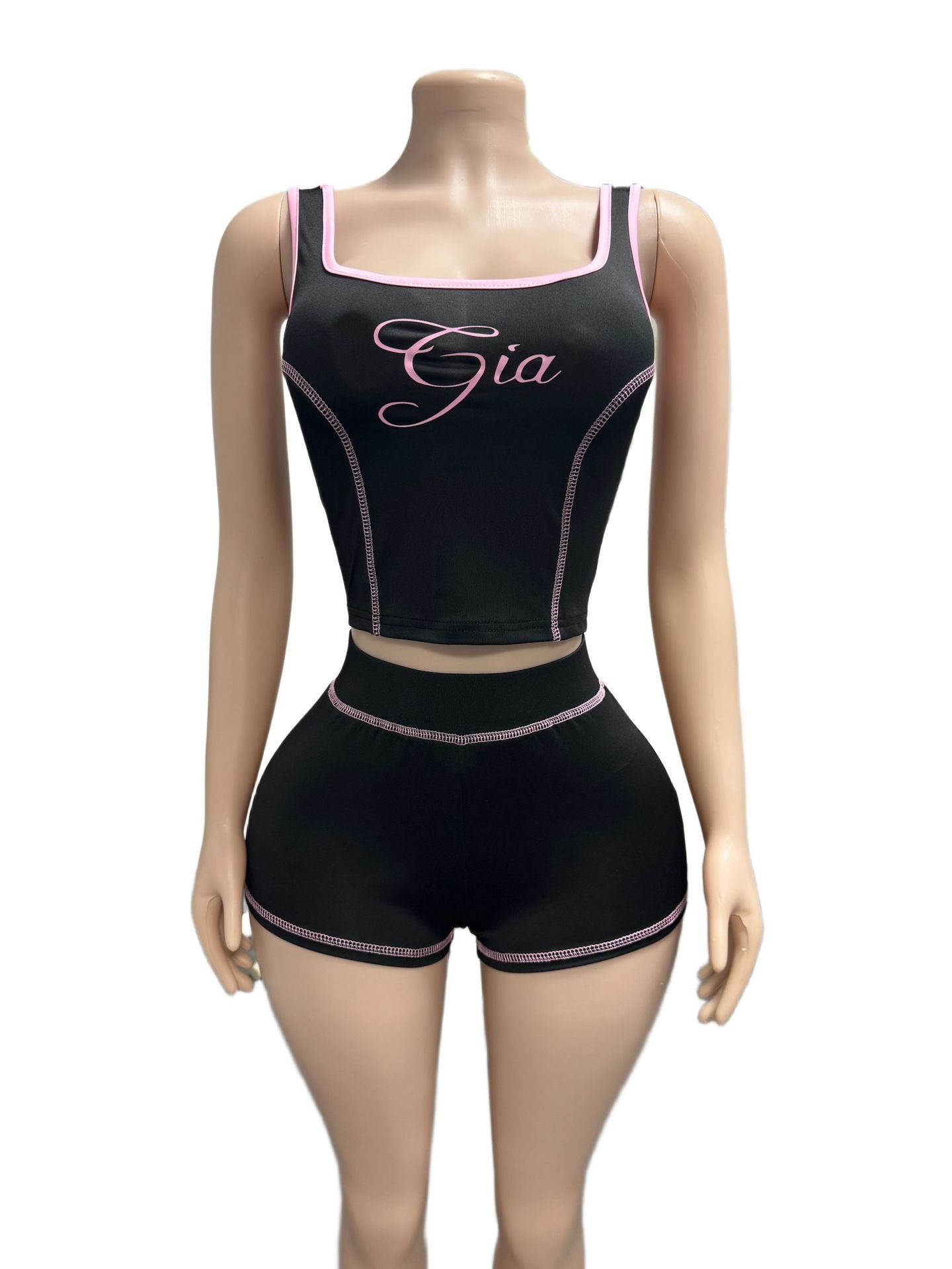 Black printed fitted round-neck tank top and short pants two-piece fashionable set for women