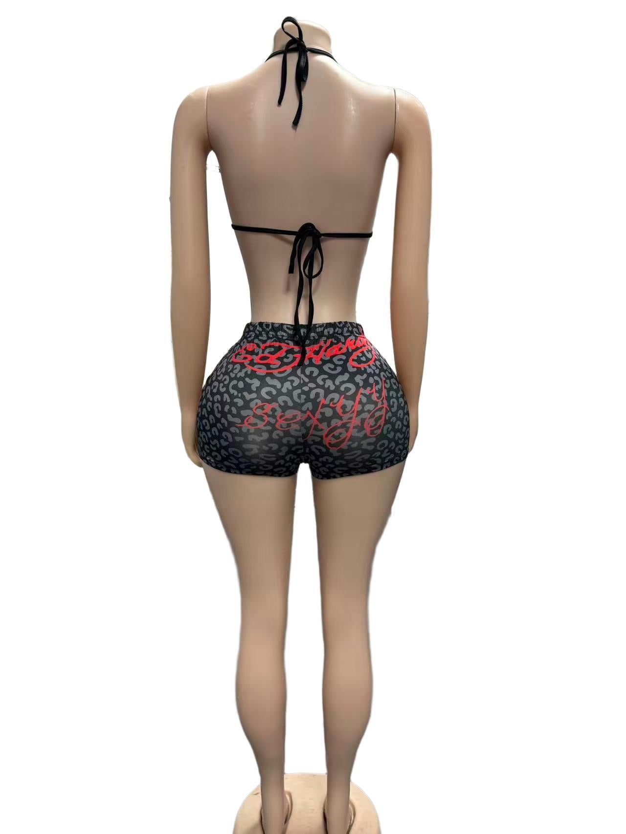 Leopard print rose necklace sexy two-piece set - hot chick nightclub style short pants set