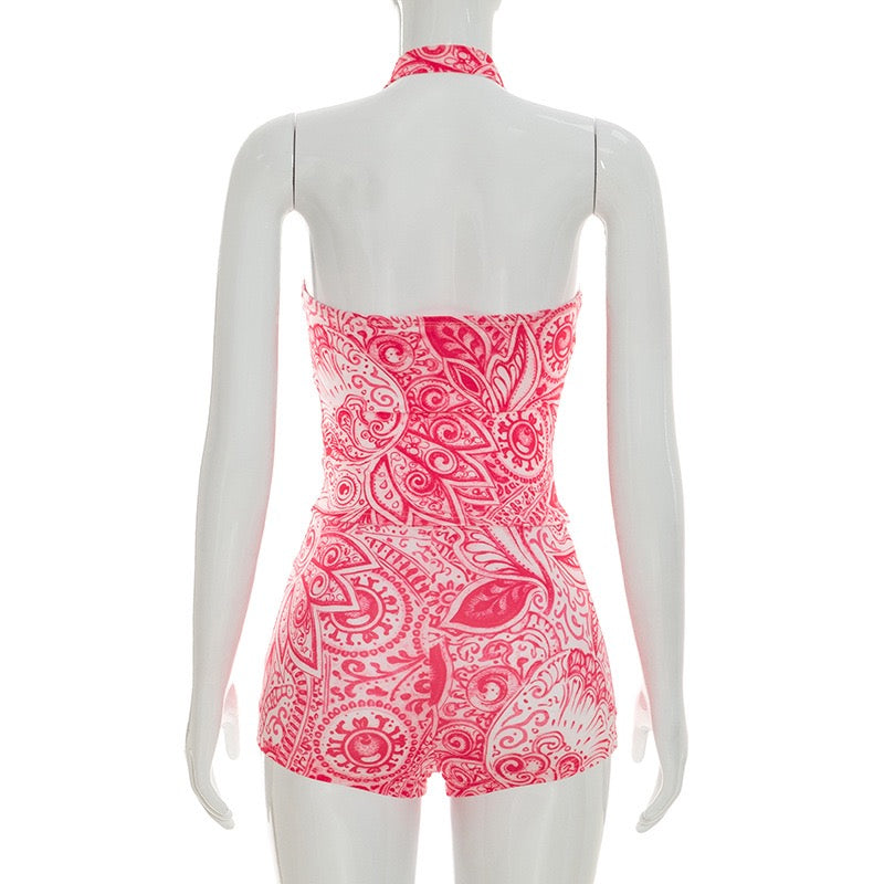 Sexy Serpentine Printed 2 Piece Sets Woman Halter Low-Neck Backless Sleeveless Vest and Shorts Midnight Hottie