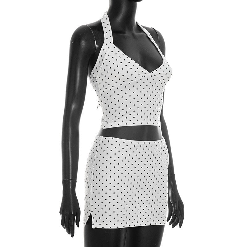 Polka Dots Two Piece Women Halter Sleeveless Top
Spilt Mini Skirt Set Lady Fashion Sexy Set